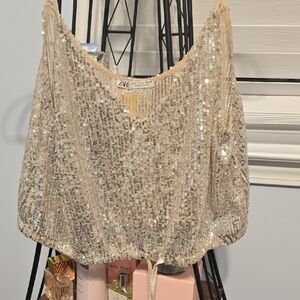 Zara Shimmering Beige Sequin Top